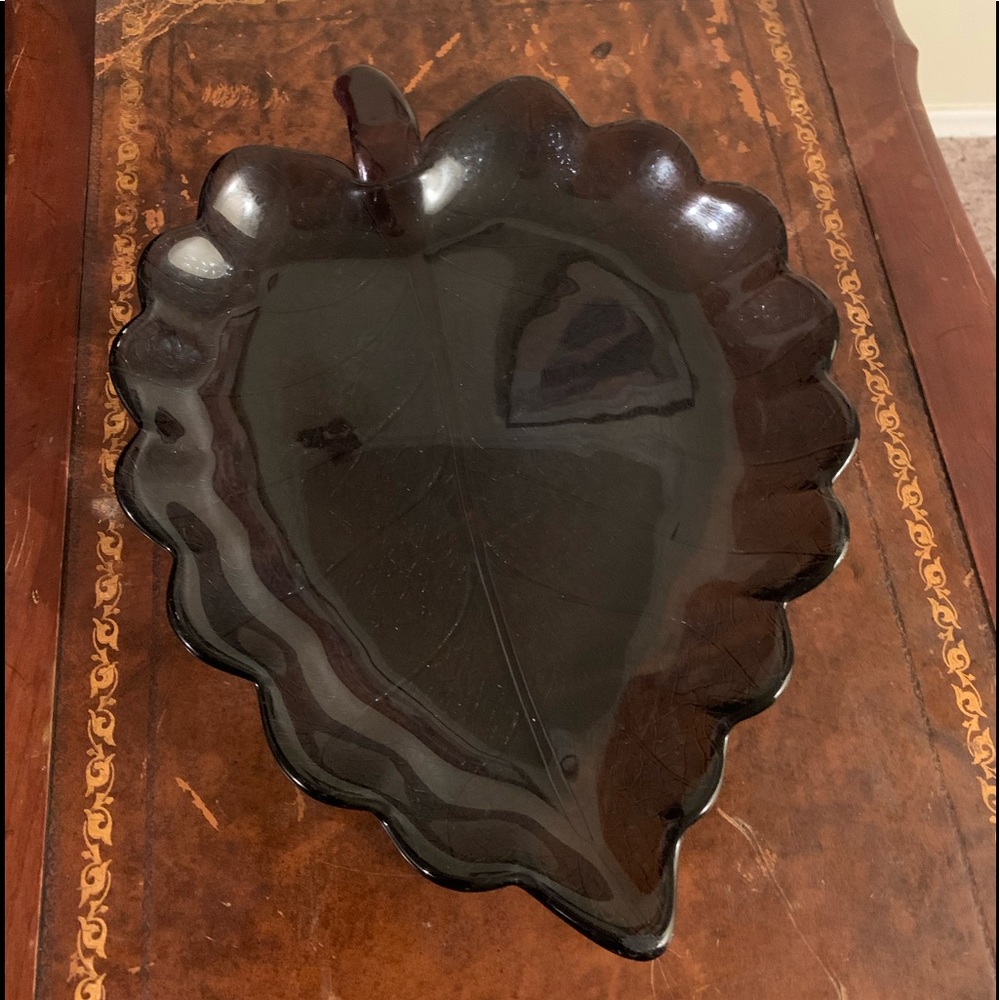 Vintage purple glass leaf dish